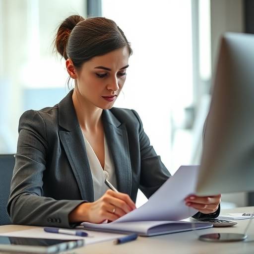 Femme préparant méticuleusement sa présentation, avec des notes claires et organisées à Lyon