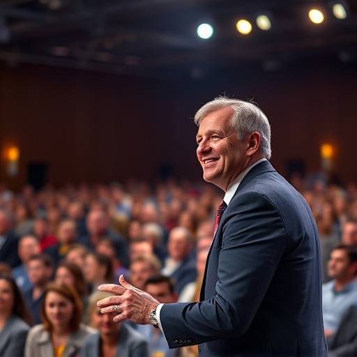 Orateur souriant et confiant s'adressant à un large public lors d'une conférence à Lyon