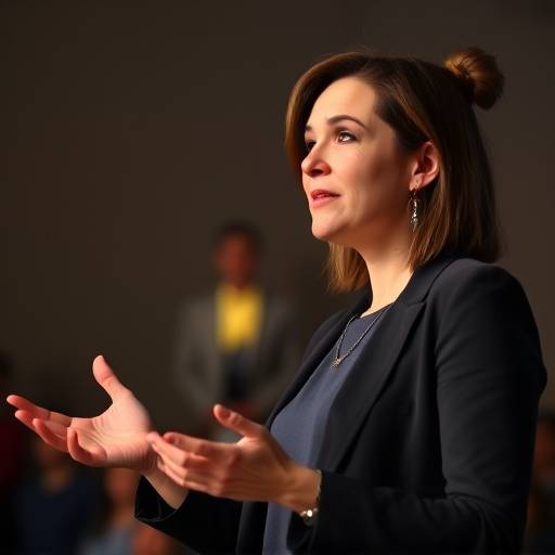 Une femme utilisant des gestes pour moduler sa voix lors d'une présentation